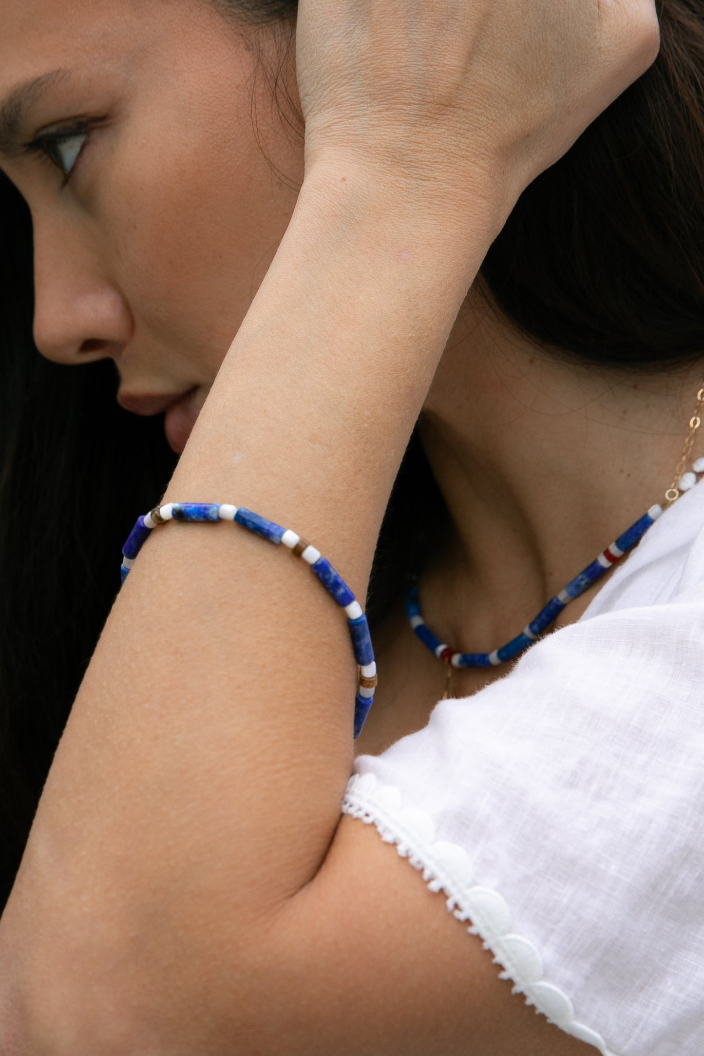 Plein Soleil bracelet - Blue Lapis, white mother of pearl and natural picture Jasper
