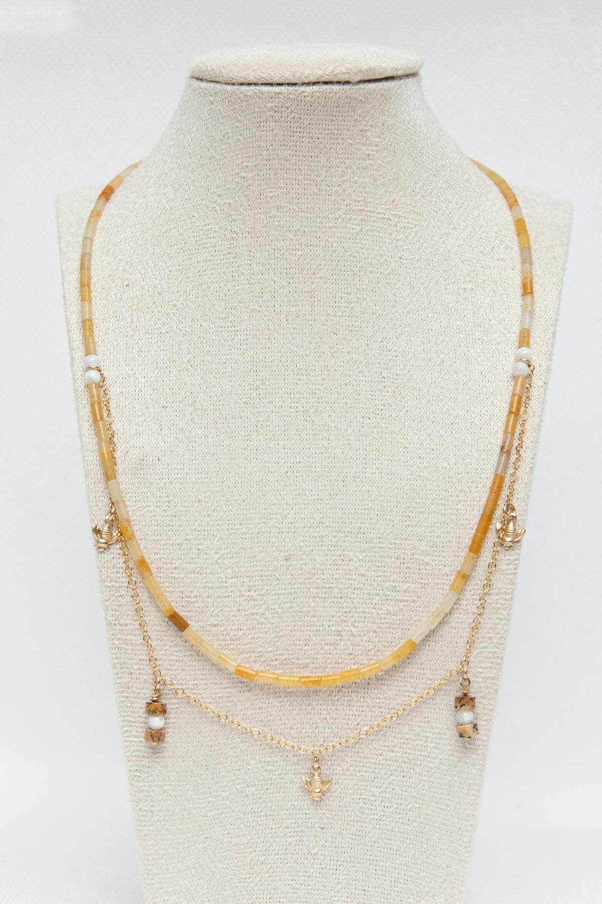 Handcrafted necklace with yellow aventurine, natural picture jasper gemstones and mother of pearl. It contains gold-filled elements and lovely bee charms. This jewellery is reminiscent to the beekeeping in Provence and is honey coloured. 